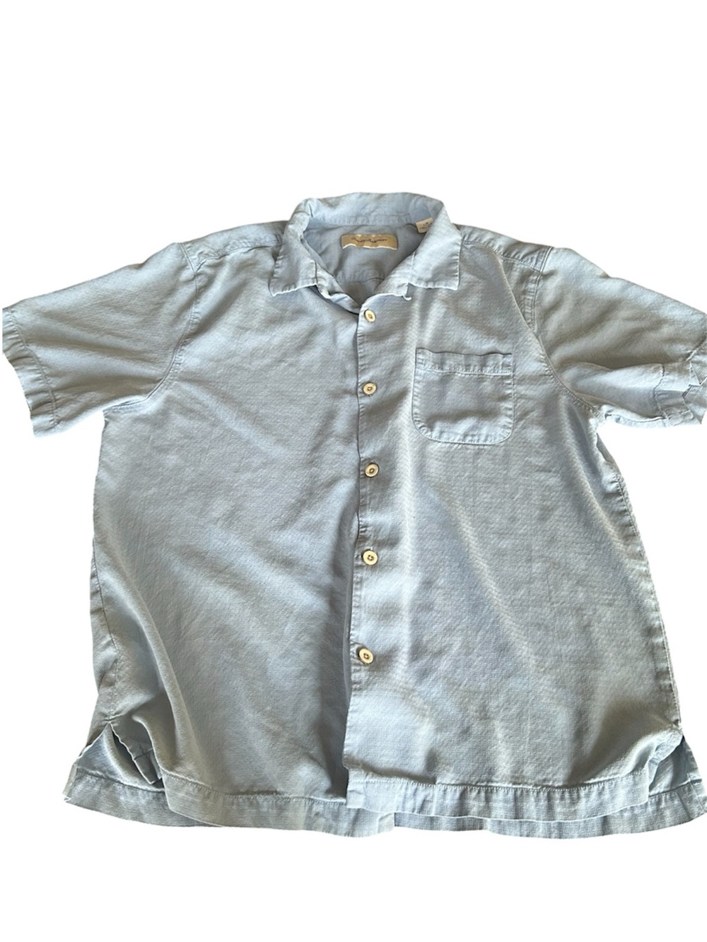 Tommy Bahama 100% silk light blue textured printed Long sleeve short sleeve